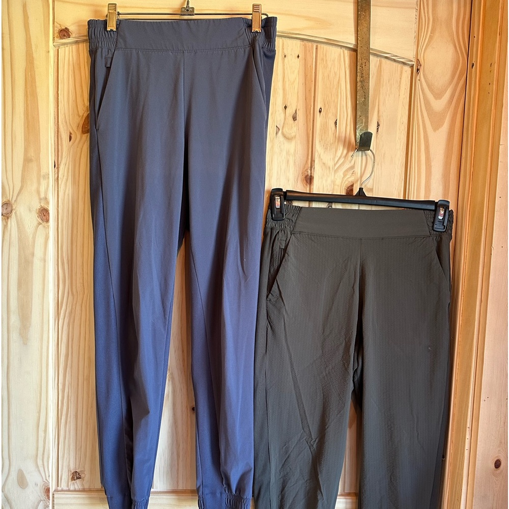 Two pair Athleta joggers size 2 xs/sm one pair olive green one pair is blue gray